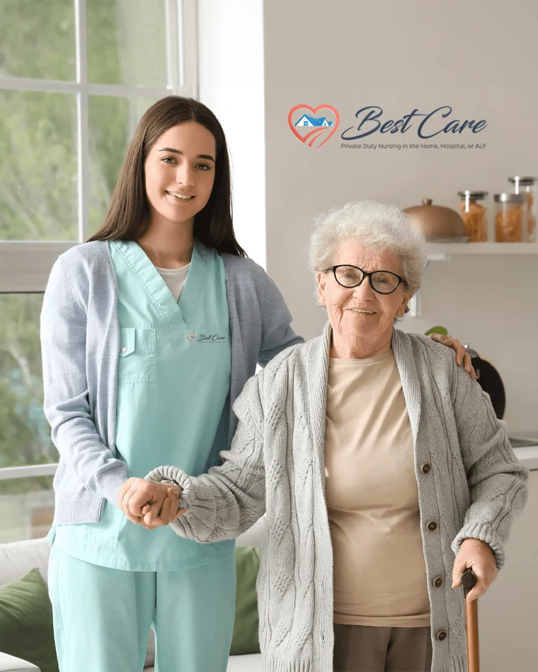 A Best Care caregiver standing with a client at home